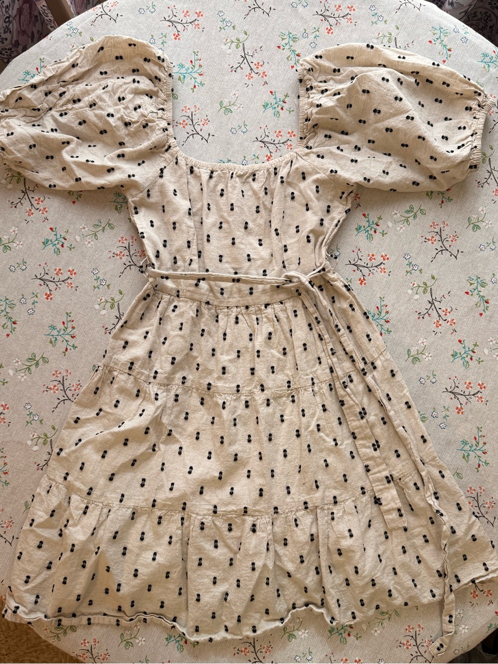 Beige Puff-Sleeve Mini Dress with Black Dot Detail